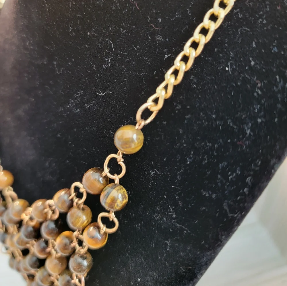 Genuine Tiger's Eye Gold Tone Multi Strand Bib Statement Necklace